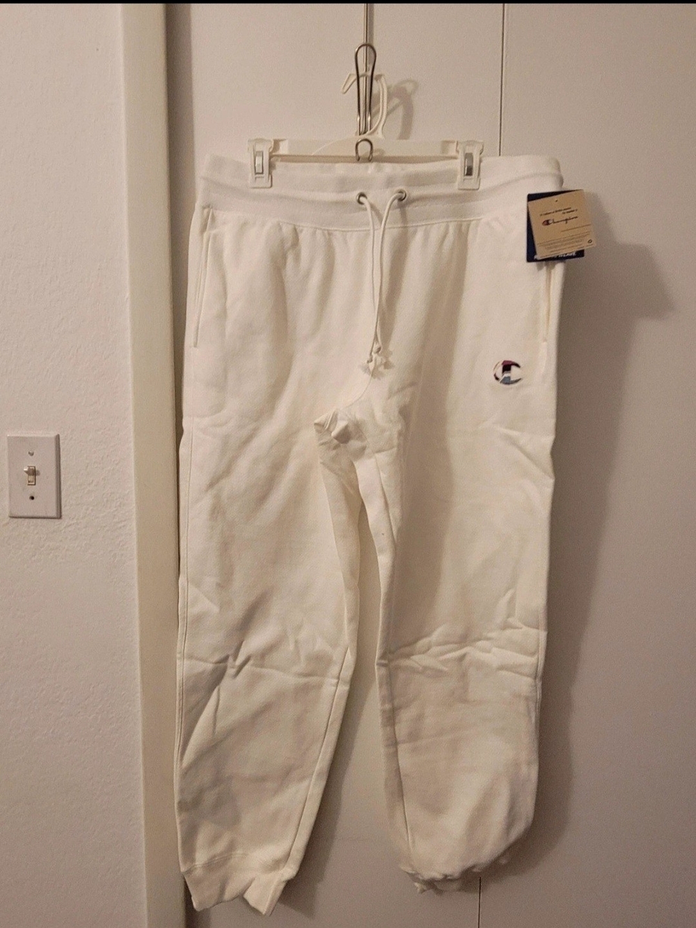 Champion White Men’s Drawstring Jogger Sweatpants with Logo